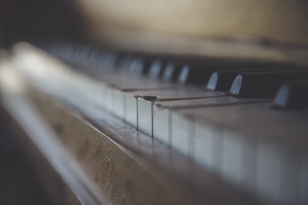 Close-up of piano keys from the side with a broken white one in focus