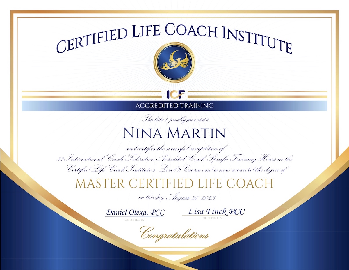 Master certified life coach certificate issued by Certified Life Coach Institute